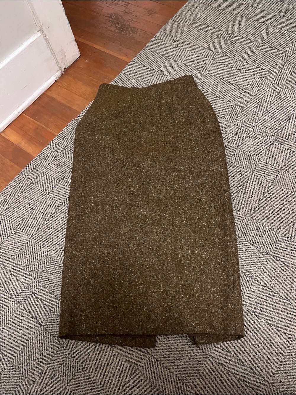 Long wool tweed Pencil Skirt in Olive Brown